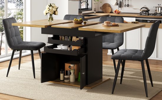 Uitschuifbare eettafel met opbergkast, houten tafelblad en grijze gestoffeerde stoelen.