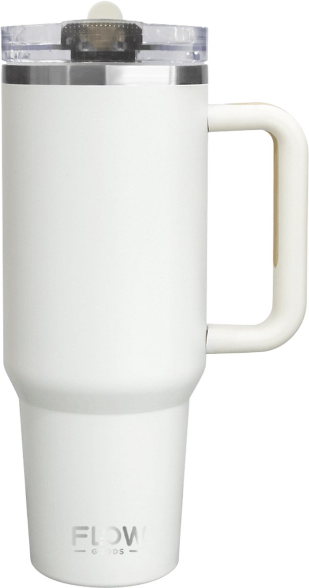 Flow Goods Flip Straw Tumbler - Crème – Thermosbeker met Handvat – 100% Lekvrij - Drinkfles met Rietje – 1.2 Liter – Thermosbeker – Travel Mug