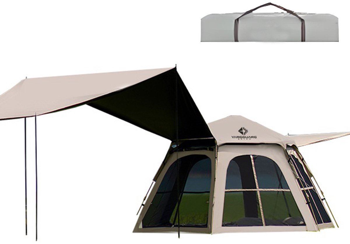 Pop-up Familietent met XXL Zonnescherm - 4-Persoons Koepeltent - Opzetten in 3 Seconden - Inclusief Voorluifel voor Extra Leefruimte - Kampeertent - pop up tent voor Kamperen - festival tent + Draagtas - Kaki