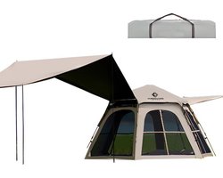 Pop-up Familietent met XXL Zonnescherm - 4-Persoons Koepeltent - Opzetten in 3 Seconden - Inclusief Voorluifel voor Extra Leefruimte - Waterdichte kampeertent - pop up tent voor Kamperen - festival tent + Draagtas - Kaki