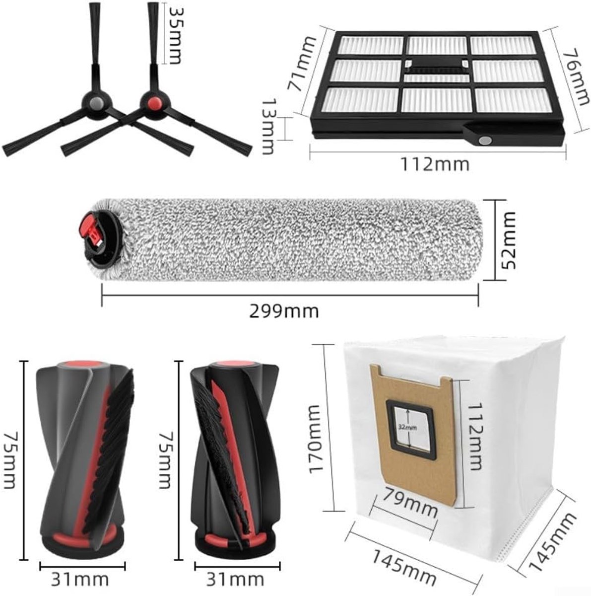 13 stuks Reserveonderdeel accessoires - geschikt voor Eufy Omni E25 - Eufy Omni E28 robotstofzuigers - 1 hoofdborste & 4 stofzakken & 6 zijborstels & 2 rolmops — afbeelding 2