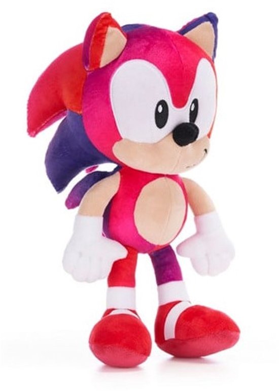 Sonic de Egel pluche in roze en paarse kleuren. Draagt rode schoenen met witte strepen.
