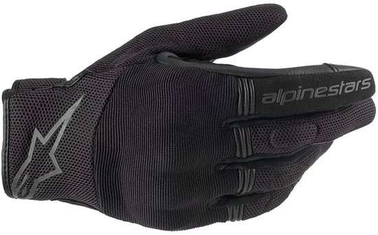 Zwarte Alpinestars motorhandschoen met gaas en Alpinestars-logo op de rug.