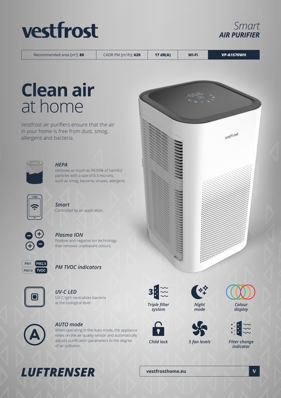 Vestfrost VP-A1S70WH - Purificateur d'air intelligent - Système de 3 filtres