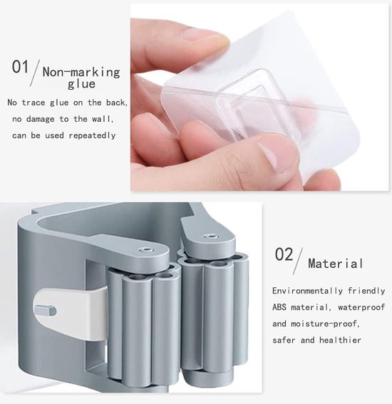 4-stuks dweilhouders - Bezemhouders - Opbergclip voor dweil - Zelfklevend ophangrek - Ophangsysteem - Verstelbaar wandrek - Geschikt voor badkamers, keukens en tuinen (6*5 cm - Grijs) — afbeelding 5