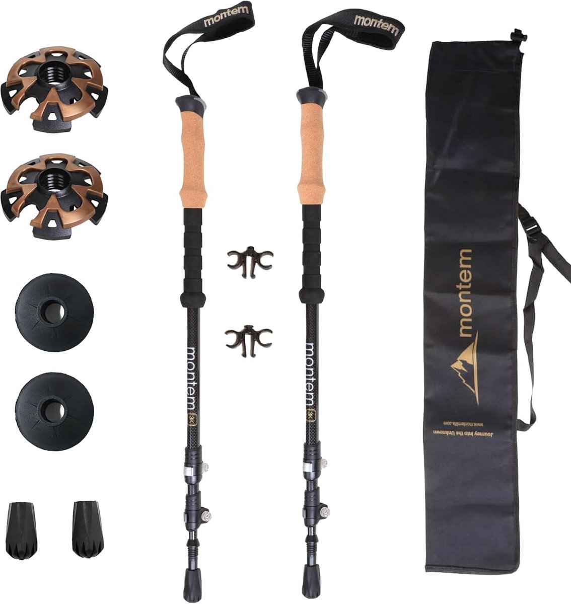 Carbonvezel trekstokken ultralicht - 100% carbon, verstelbaar 61-135 cm, kurkgreep, inclusief bakkens - zwart