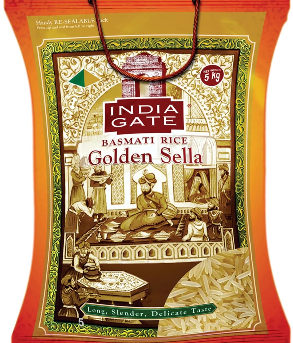 India Gate Golden Sella Basmati Rijst 5 kg – Extra Lange Korrels, Gouden Kleur, Aromatisch | Ideaal voor Kabsah, Mandhi & Arabische Gerechten met Kajal Sticker
