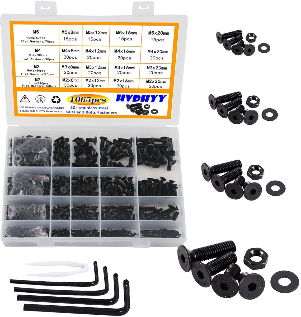 Schroevenset Assortiment - 1065 Stuks M2 M3 M4 M5 - Cilinderschroeven, Moeren, en Sluitringen - Koolstofstaal met Platte Kop - Inclusief Opbergdoos