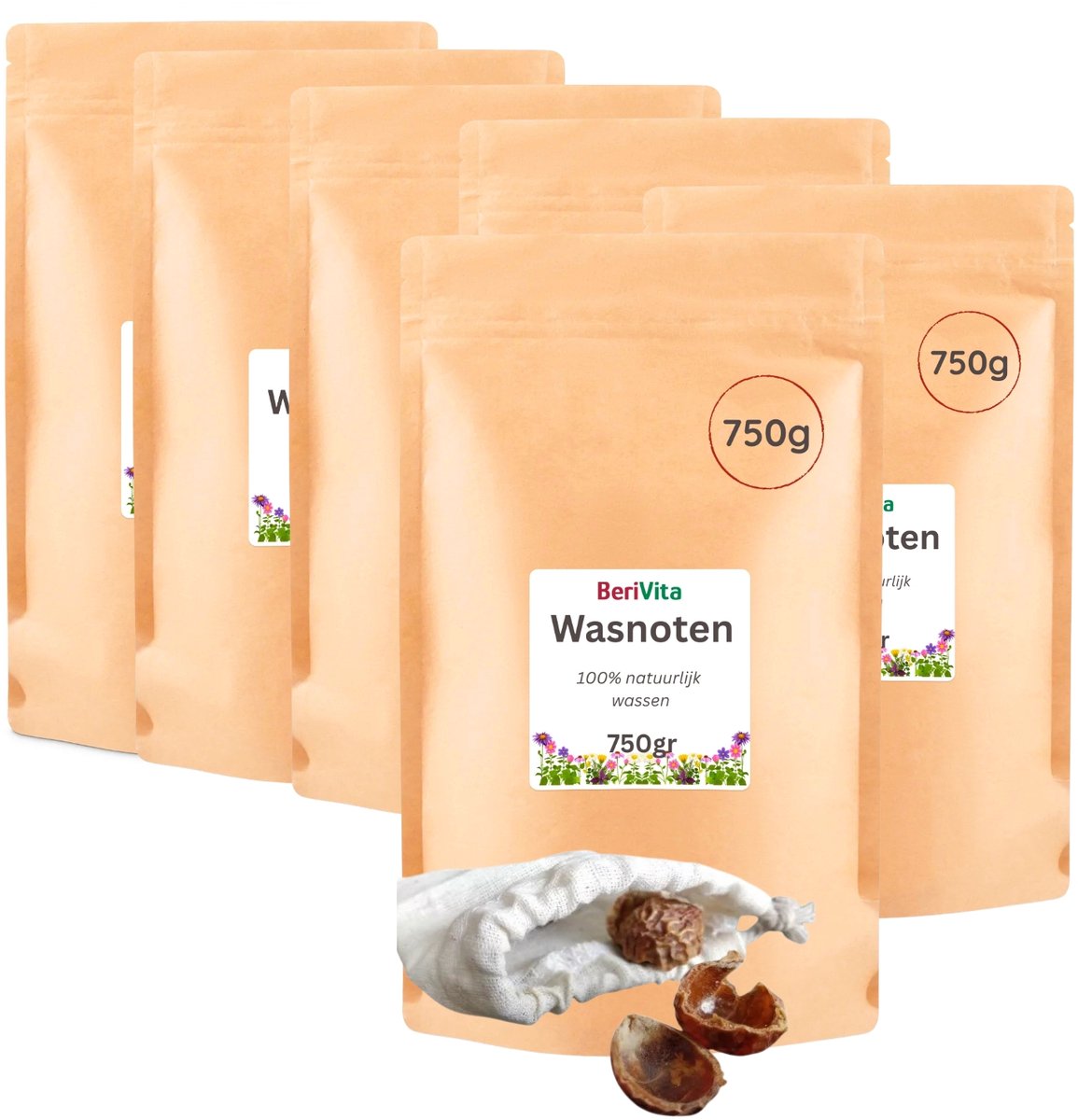 Wasnoten 4,5kg met 4 Waszakjes - Zeepnoten - Natuurlijk Wassen - 6x750gr