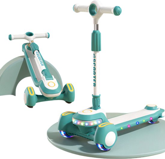 RicoKids Kinderstep, driewieler voor kinderen, kinderstep met lichtgevende wielen, opvouwbaar, 3-traps hoogteverstelling, 27,5 x 56,5 x 15 cm, turquoise-roze