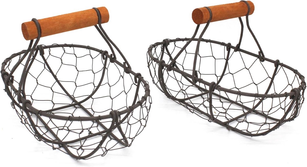 Ovale eiermanden van kippengaas met houten handvat - Set van 2 in vintage stijl