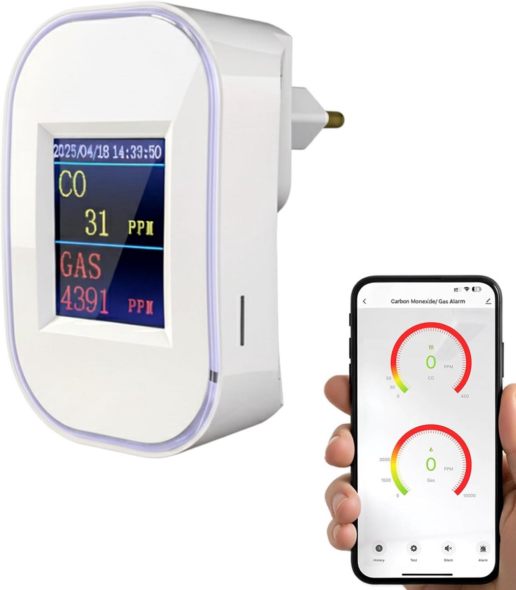 Wifi Gasmelder en Koolmonoxidemelder met Stekker voor Thuis - Tuya App Besturing