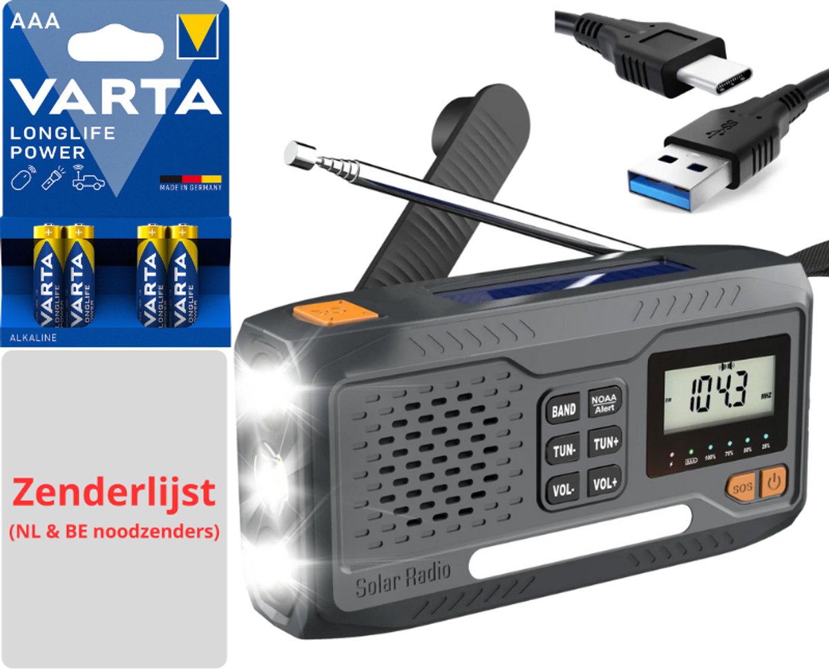Behave Noodradio - Noodfrequentie Gids - Incl. Batterijen - USB-C Oplader - Zonnepaneel - Opwindbaar - Powerbank - Zaklamp - SOS Alarm