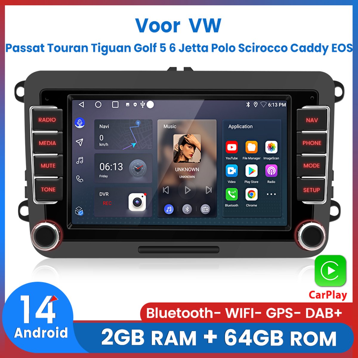 Awesafe 7" Autoradio - Geschikt Voor VW Volkswagen Passat Touran Tiguan Golf 5 6 Jetta Polo Scirocco Caddy EOS - Draadloze Carplay & Android Auto - Android 14.0 System - 7 Inch IPS HD Touchscreen - Bluetooth & Wifi - Radio Scherm