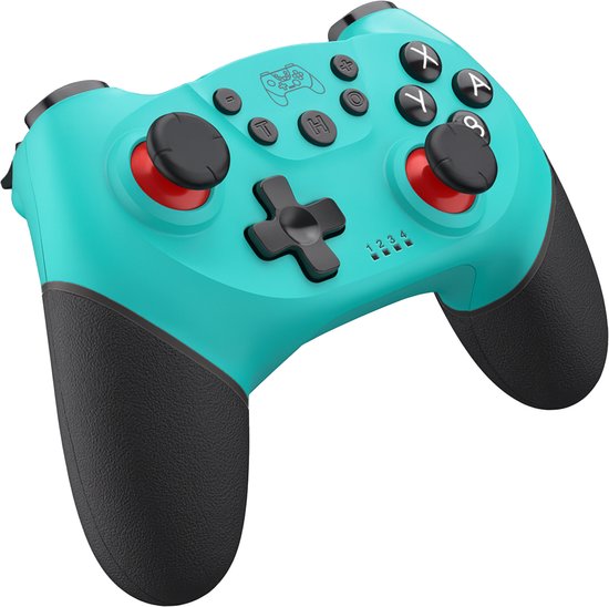 Turquoise game controller met zwarte handgrepen en rode accenten, gedraaid.