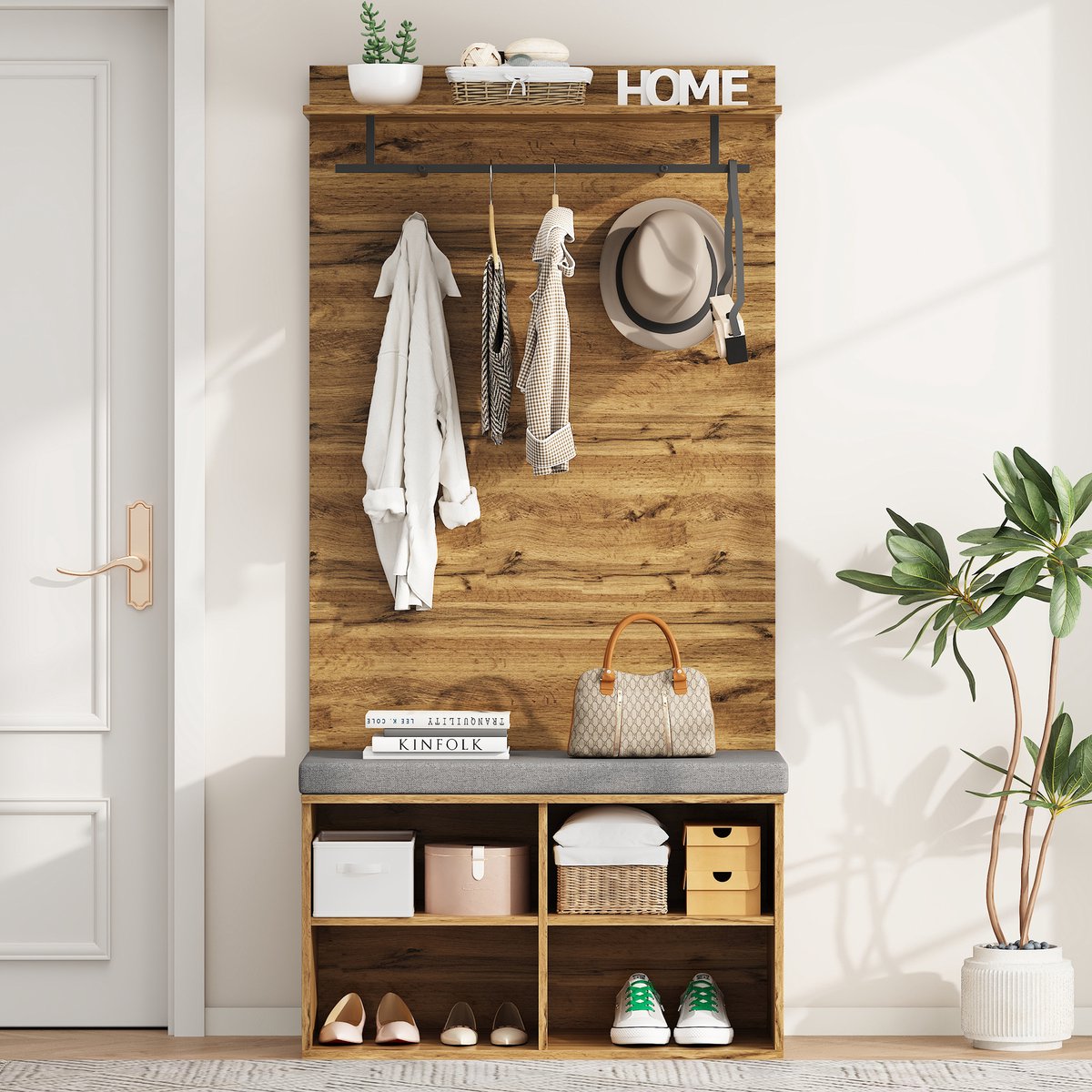 STILVORA Garderobeset - Schoenenbank Met Verstelbaar Rek En Kleerhanger - Compact Halmeubel 84x35x175 cm - Spaanplaat - Eiken Met Haken En Gepolsterde Zitting