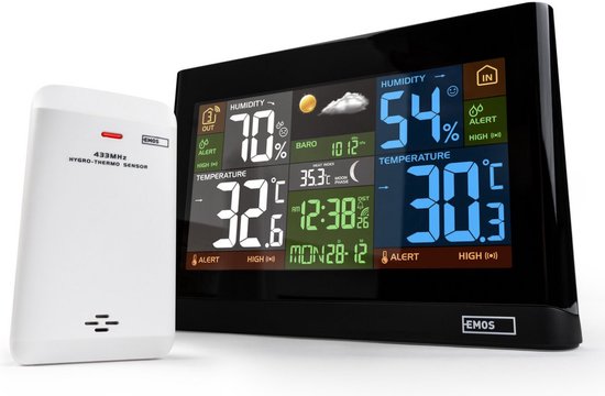 EMOS Weerstation, Draadloos Binnen- en Buitenweersysteem met Kleurendisplay, Bewaakt Tijd & Datum, Temperatuur, Luchtvochtigheid, Luchtdruk, Comfort & Hitte-index, 12-24 Uursvoorspelling, Inc. Batterijen