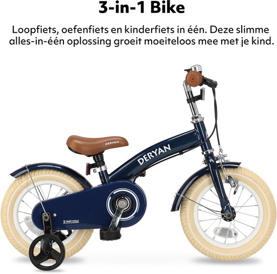 Vélo enfant Deryan bleu foncé 3-en-1 avec pneus beiges, selle et poignées marron, et roulettes.