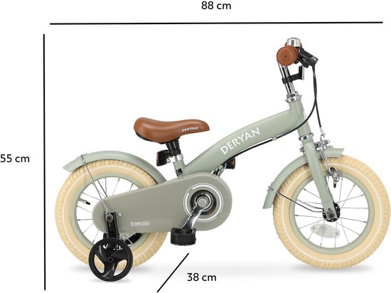 Vélo d'enfant vert Deryan 3-en-1 avec détails marron, dimensions 88 cm, 55 cm, 38 cm.
