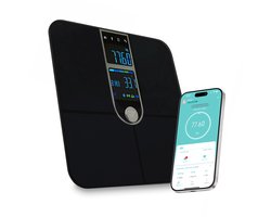 Rockerz Personenweegschaal – Bluetooth APP - Hartslagmeter - Dual Screen display & 17 Metingen – Digitale Personenweegschaal - Smart Weegschaal - Vetpercentage - Spiermassa - 180kg - Kleur: zwart