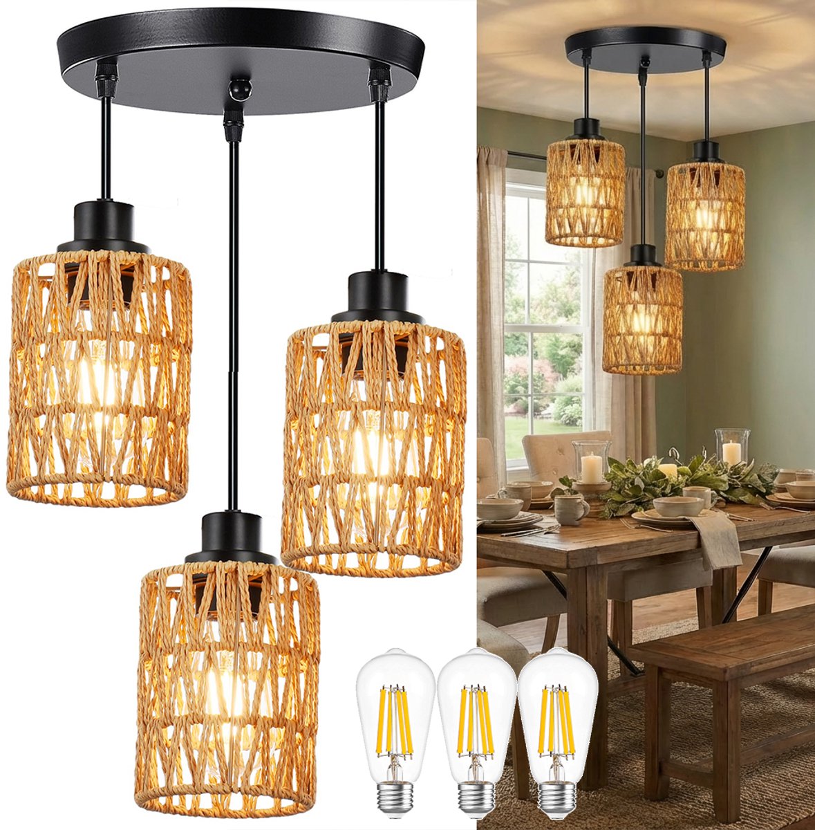 MUPOO Hanglamp Boho 3-Lichts - Ronde Rotan Verlichting - In hoogte verstelbaar - Farmhouse Kroonluchter - voor Eetkamer, Keuken & Woonkamer - met 3x E27 LED-lampen
