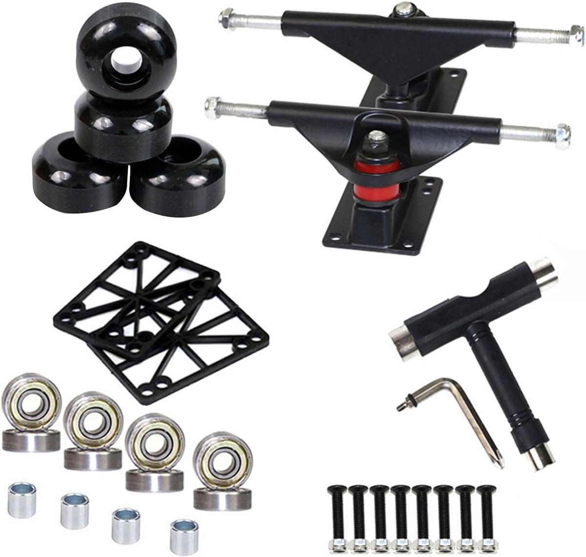 Skateboard Trucks en Accessoires Set voor 7.5 tot 8 inch Decken Zwart