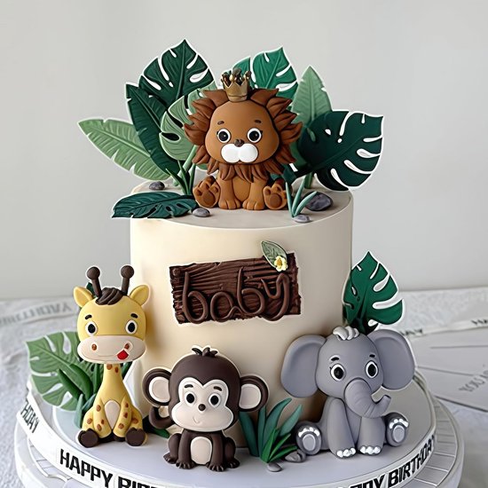 Jungle decoratie voor keuken, safari, jungle-thema, verjaardagsfeest, giraffe leeuwen, aapfiguren, verjaardag, taarten, decoratie, bosdieren, cake, verjaardagstaart, safari-decoratie voor 1 jaar