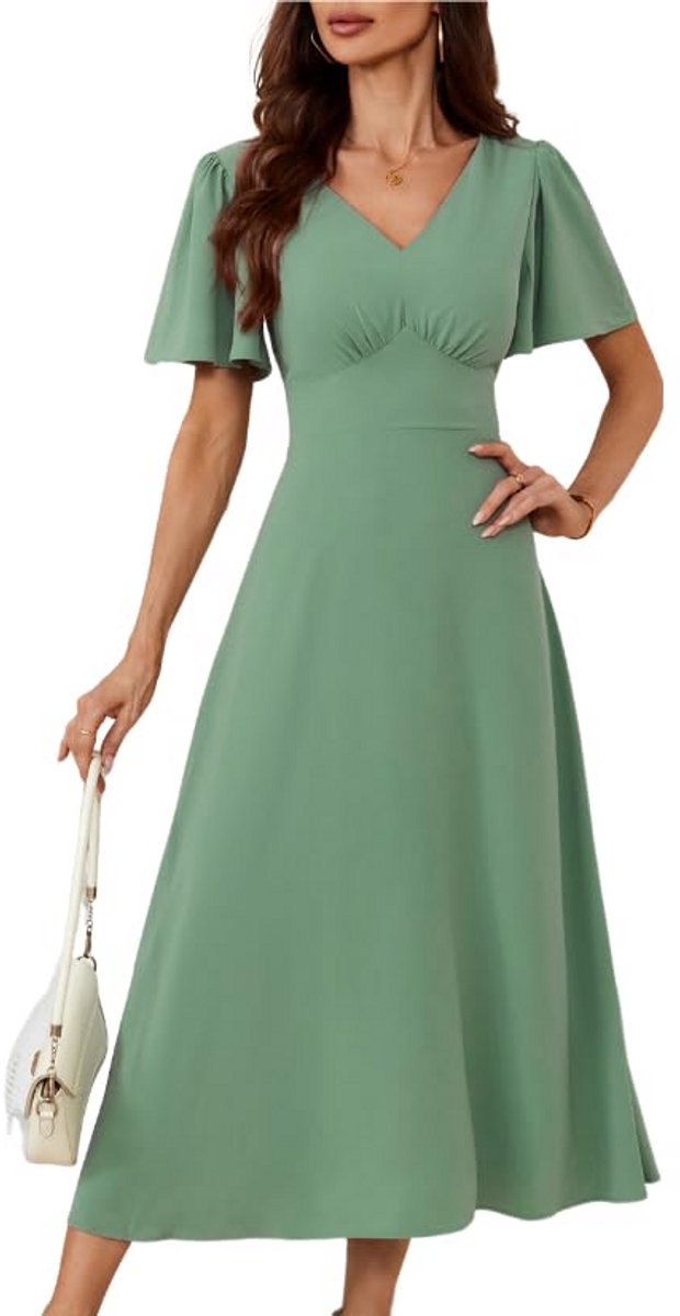 Vrouwen A-lijn Zomerjurk met V-hals en Korte Mouwen - Elegante Casual Jurk