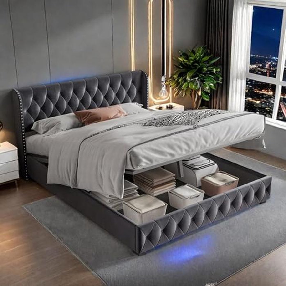 Modern tweepersoonsbed 180 x 200 cm met opbergruimte en hydraulische lattenbodem