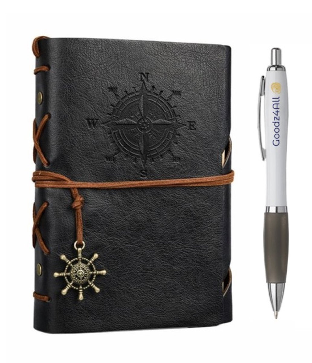 Goodz4All Vintage Lederen Notitieboek met Pen - Schetsboek Notebook A6 - Travel Journal Refill Zwart -Reis Dagboek Retro met Blanco Papier Navulbaar 10x15 cm