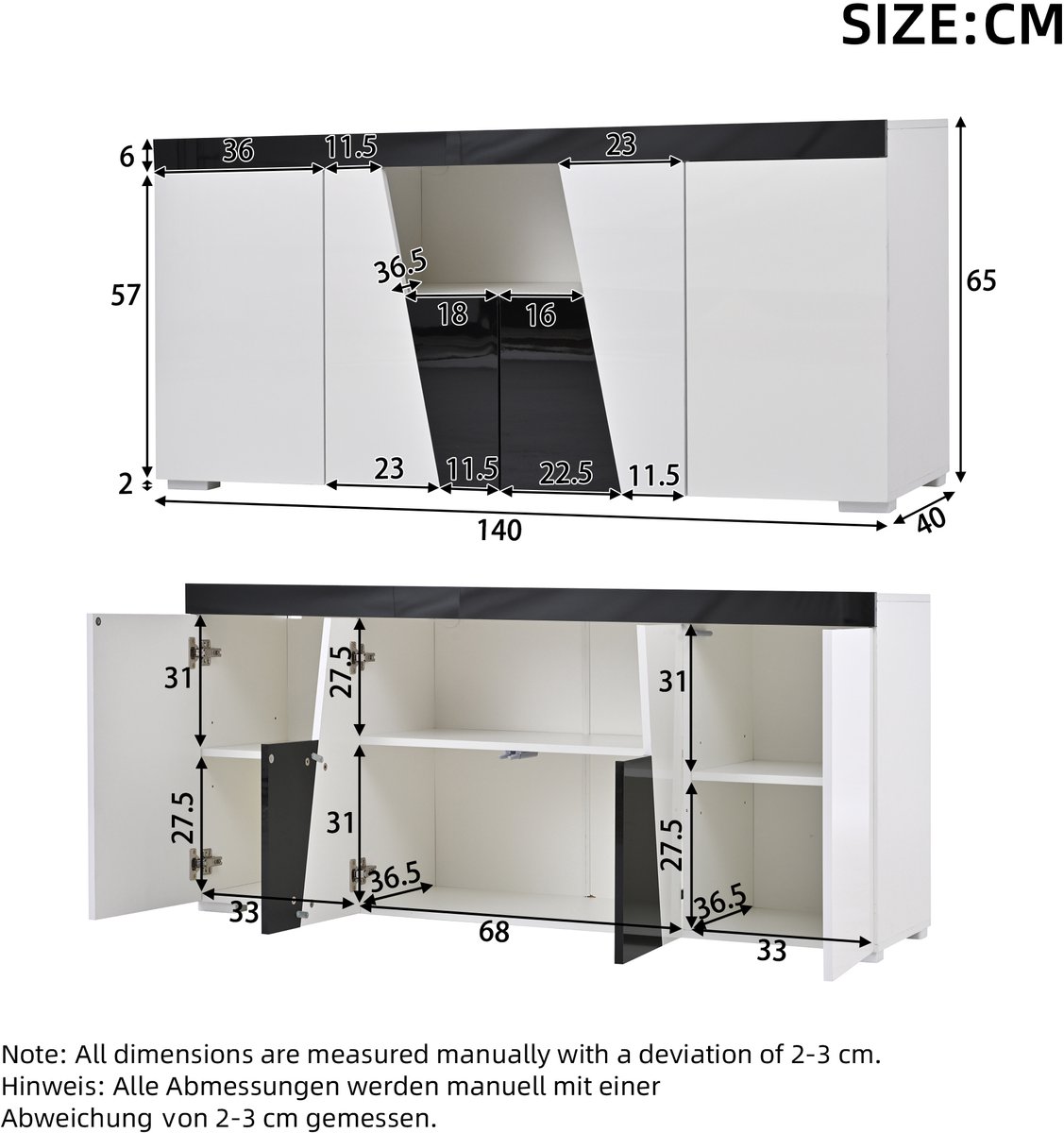 140 x 40 x 65 cm, Dressoir voor de woonkamer, Grote opbergkast met 3 vakken en 4 deuren, Schuine vormgeving + zwart-wit kleurstelling, Moderne ladekast met LED-verlichting