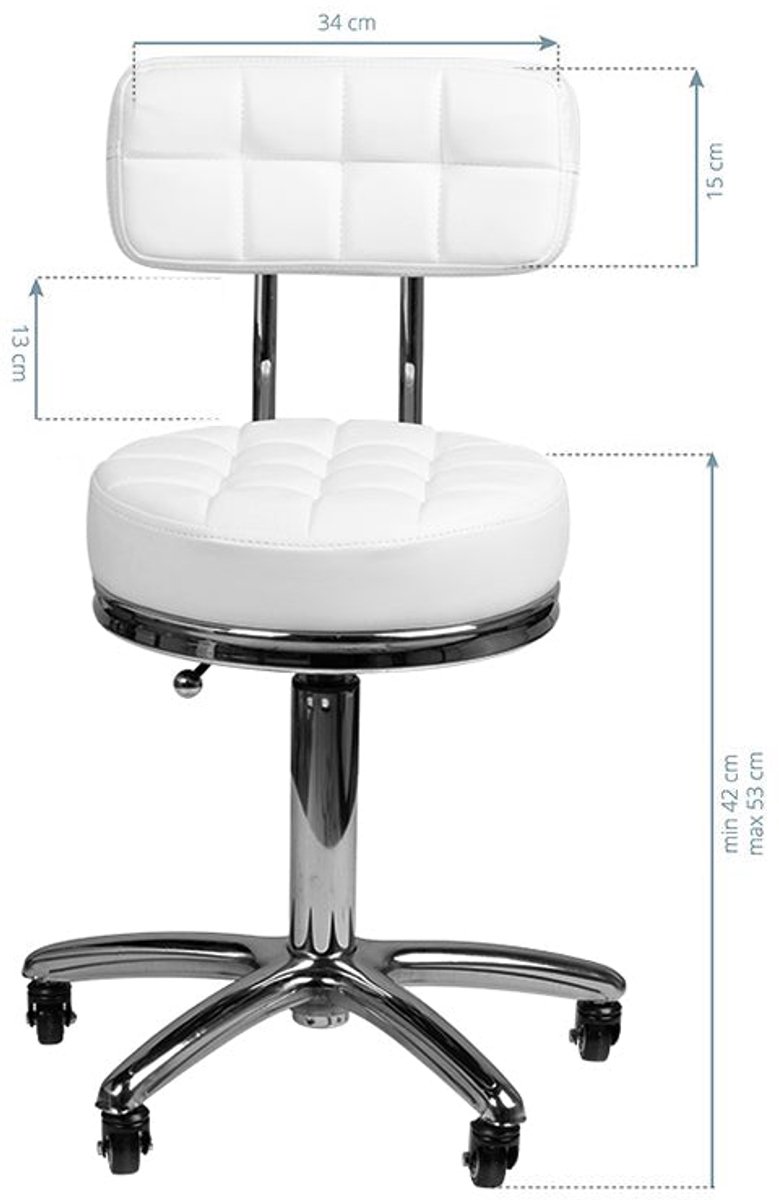 Cosmetische Ergonomische Kruk AM-877 Wit – Met Rugleuning – In Hoogte Verstelbaar – Op Wielen – Voor Salon en Praktijk