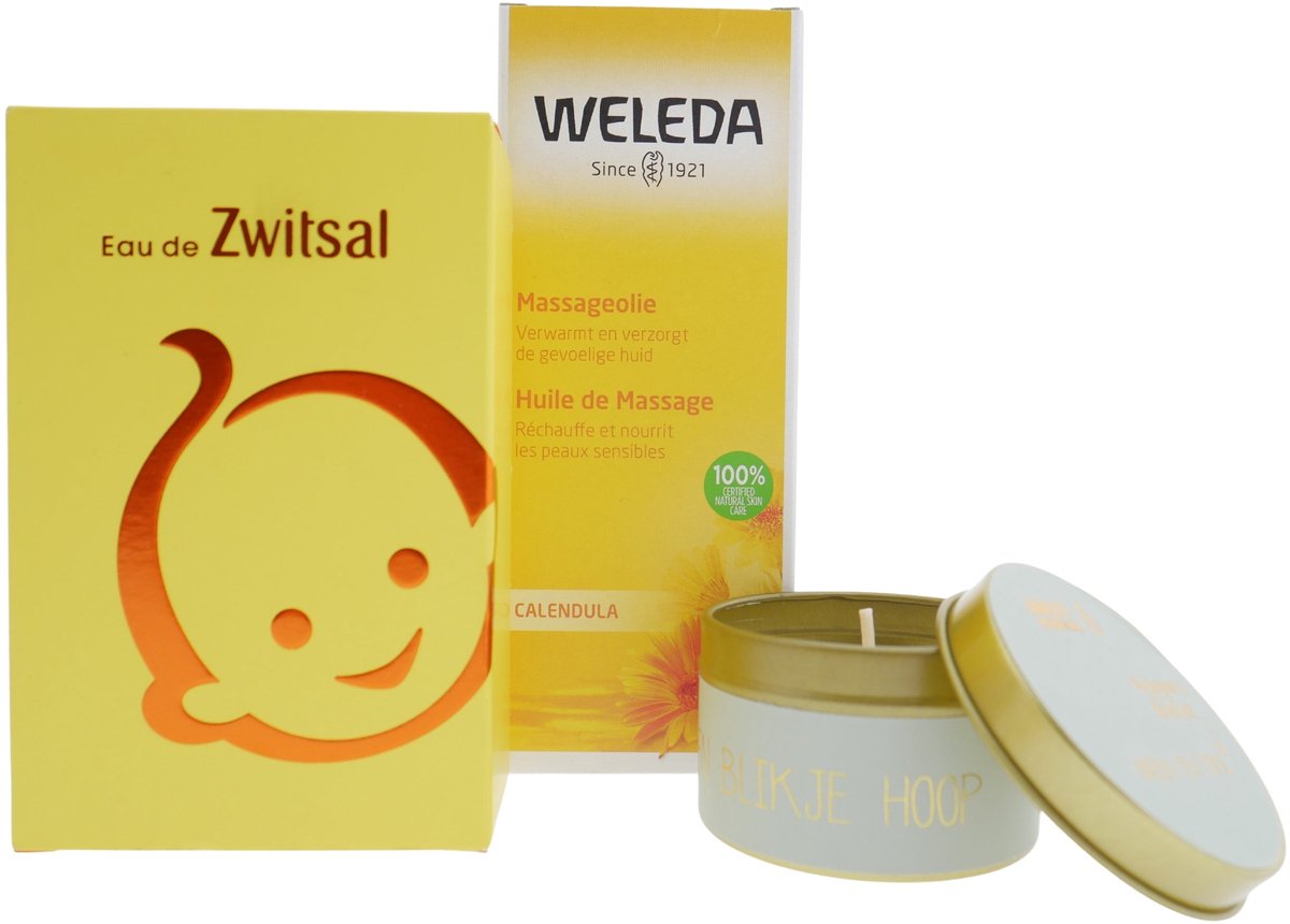 Zwitsal Eau de Zwitsal Cadeauset – 3-delig – Eau de Toilette + Weleda Massageolie + Kaars ‘Blikje Hoop’ – Cadeau voor haar