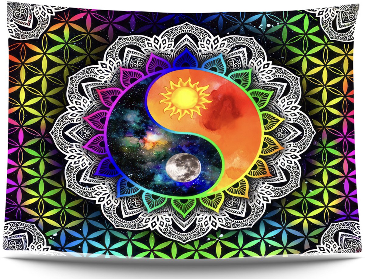 Ulticool Mandala Zon Maan Yin Yang - Glow in the Dark Tapestry Decoratie Magic - Psychedelisch - Blacklight Party Wandkleed Achtergronddoek - 200x150 cm - Backdrop UV Lamp Reactive - Groot wandtapijt - Poster - Neon Fluor Verlichting Groen