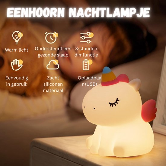Kinder Nachtlampje Eenhoorn - LED Baby Nachtlamp - Dimbaar & Touch Sensor - Warm Wit Licht - USB Oplaadbaar - Zacht Siliconen - Veilig voor Kinderen - 30 Min Timer van Merkloos — afbeelding 3