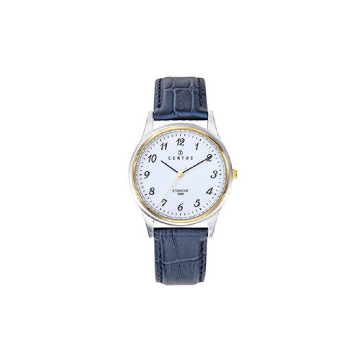 Certus-model 611238-horloge-heren-zilverkleurig-goudkleurig-bicolor-donkerblauwe lederen band-duidelijke wijzerplaat-diameter 34 mm-5 atm waterdicht-gemaakt in Frankrijk