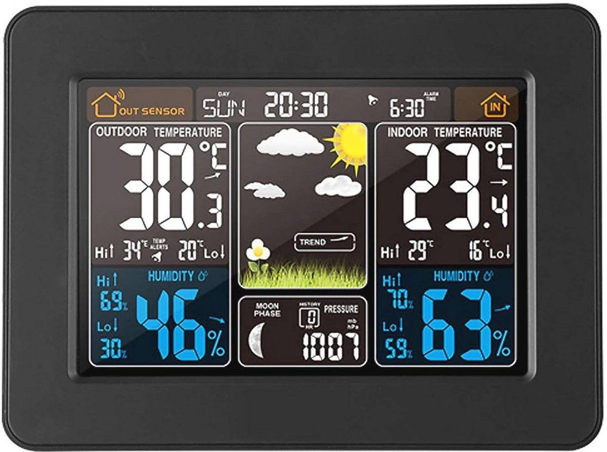 Digitaal Weerstation met Buitensensor en Kleurendisplay – Draadloze Weersvoorspeller voor Binnen en Buiten