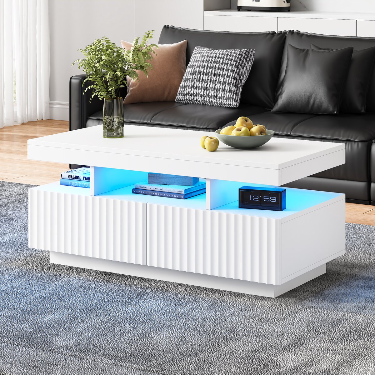 STILVORA Salontafel - Koffietafel Met 2 Lades En Verticale Ribben - Met App-Bedienbare LED-Lichtstrip - Spaanplaat - 100x50x45 cm - Wit