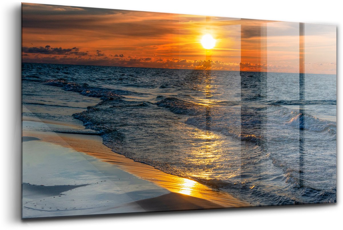 Wallfluent Glasschilderij - Władysławowo, Oostzee Foto In Glas - 100x50 cm - Oranje Horizontale muurfoto - Natuur Schilderij Glas - Foto Schilderij Op Glas - Glazen Schilderij