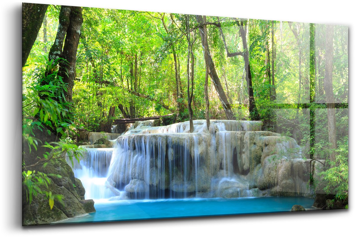 Wallfluent Glasschilderij - Landschap met een waterval in het bos Glas Schilderij - 120x60 cm - Groente Horizontale muurfoto - Landschap Foto Op Glas - Glas Foto - Foto In Glas