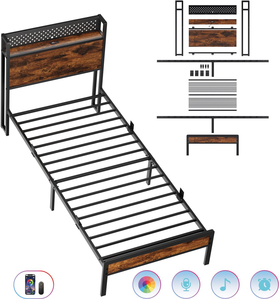 KUTAS Eenpersoonsbed 90x200 cm - Metalen Bedframe Met LED Verlichting En Lattenbodem - Hoofdbord met Opbergruimte - USB Poorten - Type C Zwart