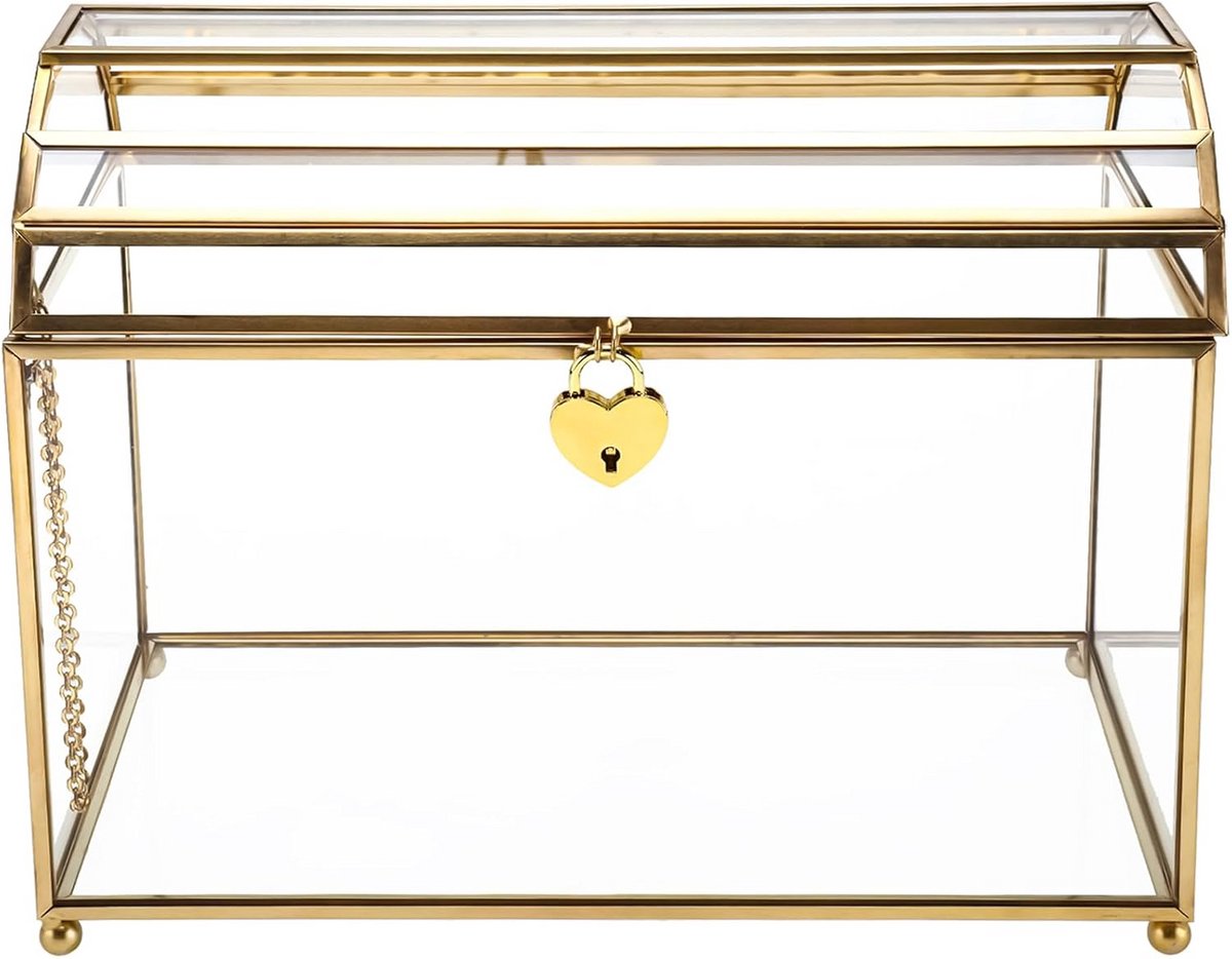 Glazen trouwkaartendoos met sleuf en slot - handgemaakt geometrisch terrarium voor bruiloftsreceptie