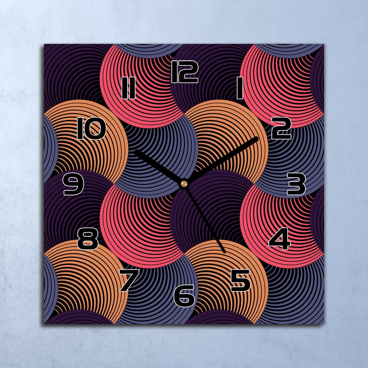 Coloray Wandklok - Hypnotische cirkels Glazen Wandklok - 30x30 cm - Bordeaux Wandklok - Wandklok Vierkant - Wandklok Industrieel - Wandklok Keuken - Stille Wandklok
