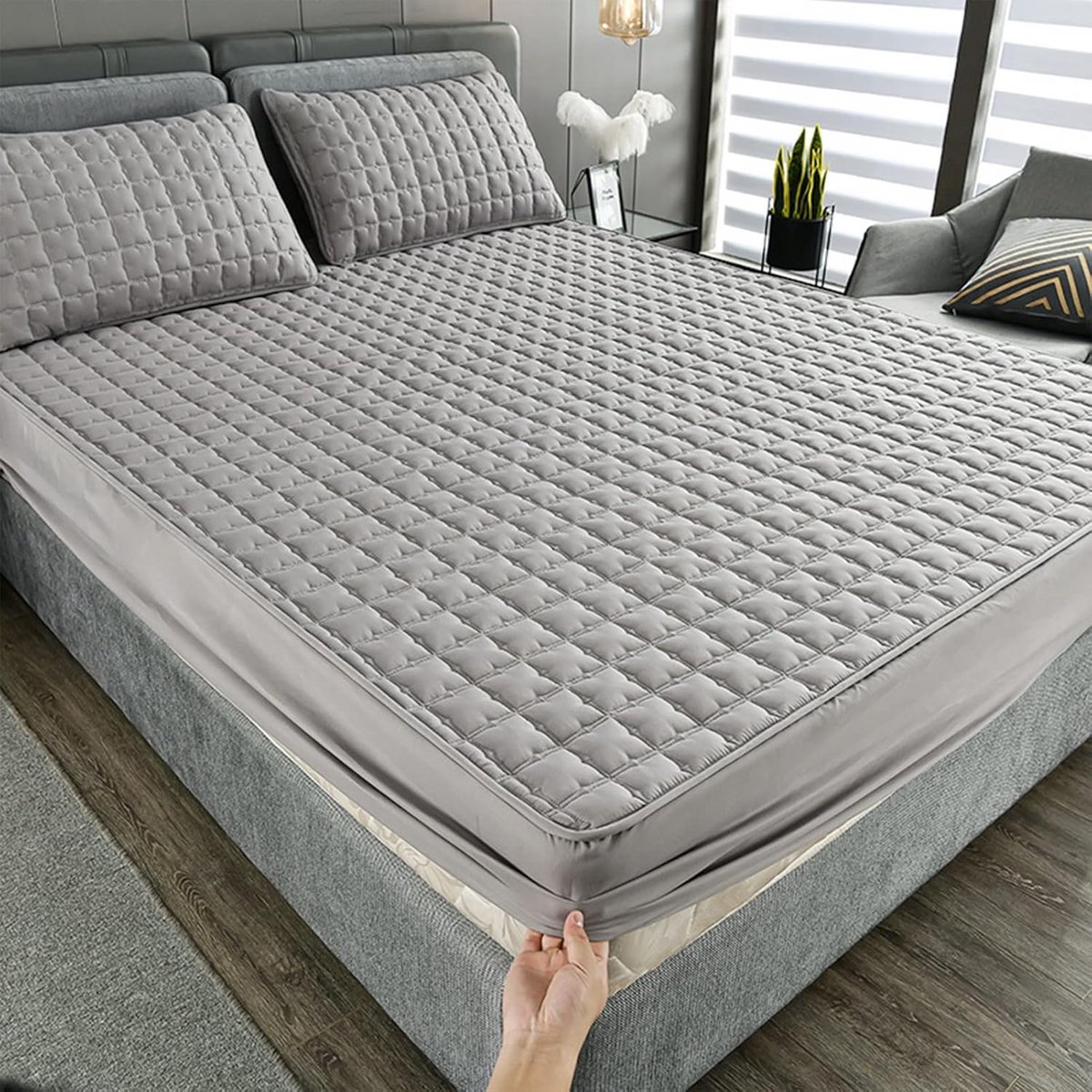Hoeslaken Grijs van Gewassen Katoen 160x200 cm - Matrasbescherming en Bedsprei
