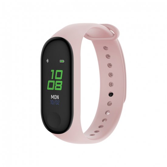 Roze Forever Fitband activitytracker met een zwart scherm waarop de tijd en datum groen worden weergegeven.
