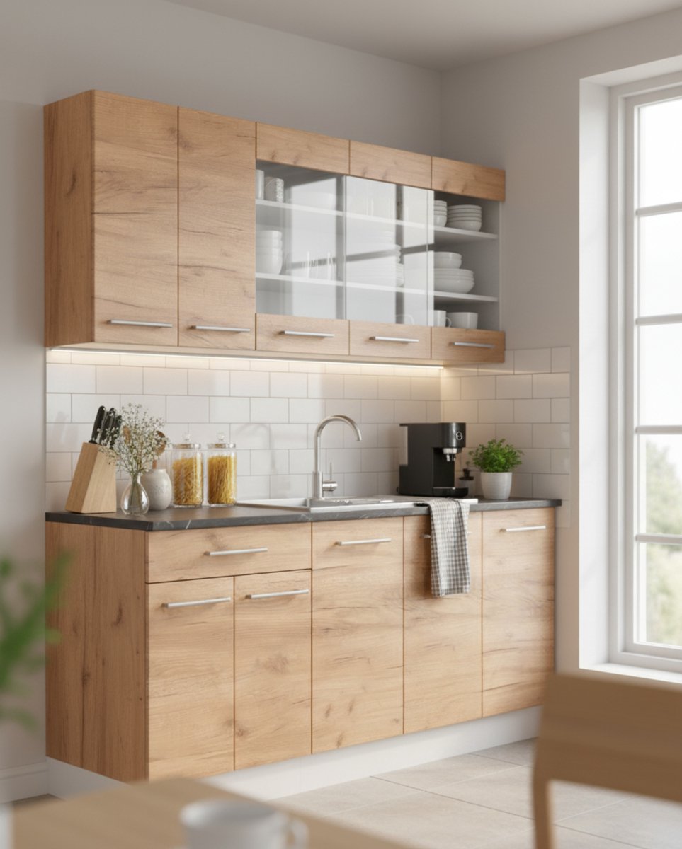 Keukenblok 140x60x82 cm – Moderne Compacte Keuken “EliteLine Duo” in Eik Goud & Wit met Werkblad Antraciet – Soft-Close Laden & Deuren – Kleine Complete Eenpersoonskeuken – Novihome