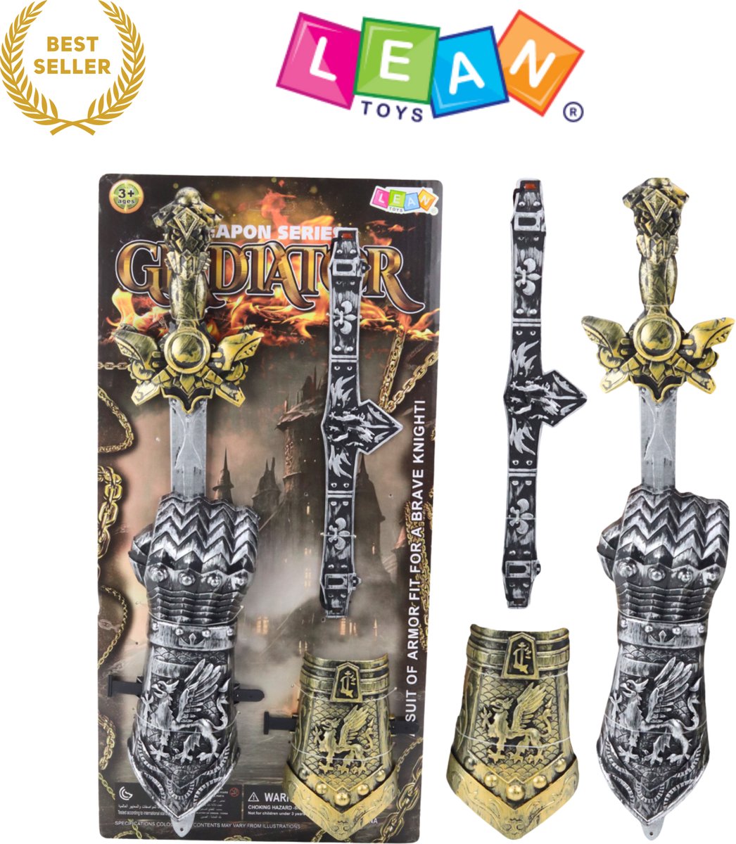 Knight Set Gladiator – Ridder Speelgoed met Zwaard, Gordel & Beschermers – Stoere Ridderuitrusting met Decoratieve Pantserdelen – Duurzaam & Veilig Plastic – Voor Kinderen vanaf 3 Jaar – Fantasierijk Rollenspel – CE Gecertificeerd – Met Ebook