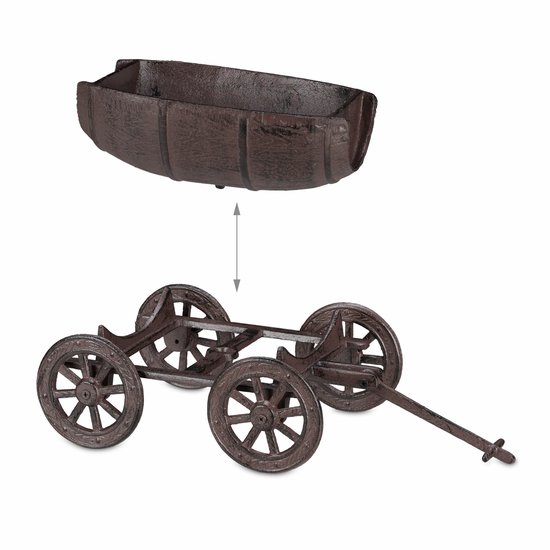 Twee delen van een bruin metalen wagentje: de bak en het onderstel met wielen.