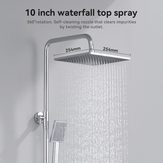 Chrome regendouche van 254mm met water dat eruit stroomt, met afmetingen aangegeven.
