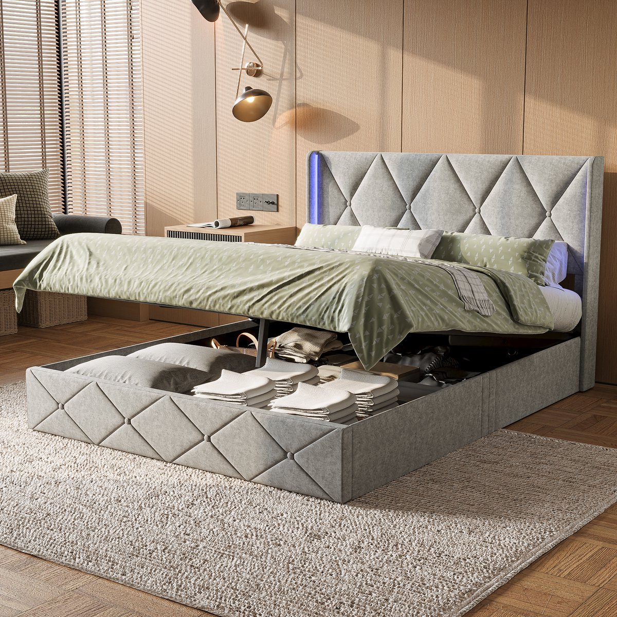 Gestoffeerd bed 160 x 200 cm, Hydraulisch opbergbed, Hoofdeinde met led-lichtstrips, Tweepersoonsbed, Europees bed, Grijs flanel